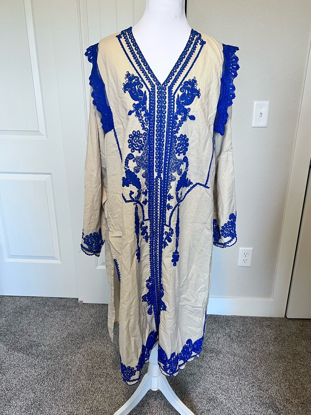 Embroidered Boho Tunic Dress Cover up in Cream Royal Blue Cotton Sz Large